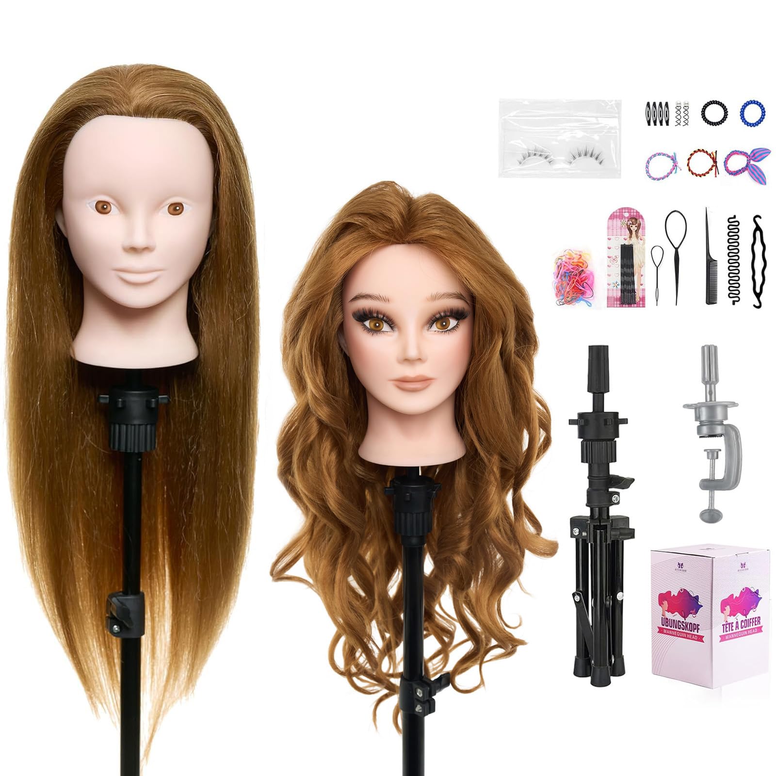 Neverland 24 Zoll Schminkkopf Frisierkopf mit Ständer 80% Echthaar Übungskopf Trainingsköpfe Friseurkopf mit Halter + Hair Styling Braid Set