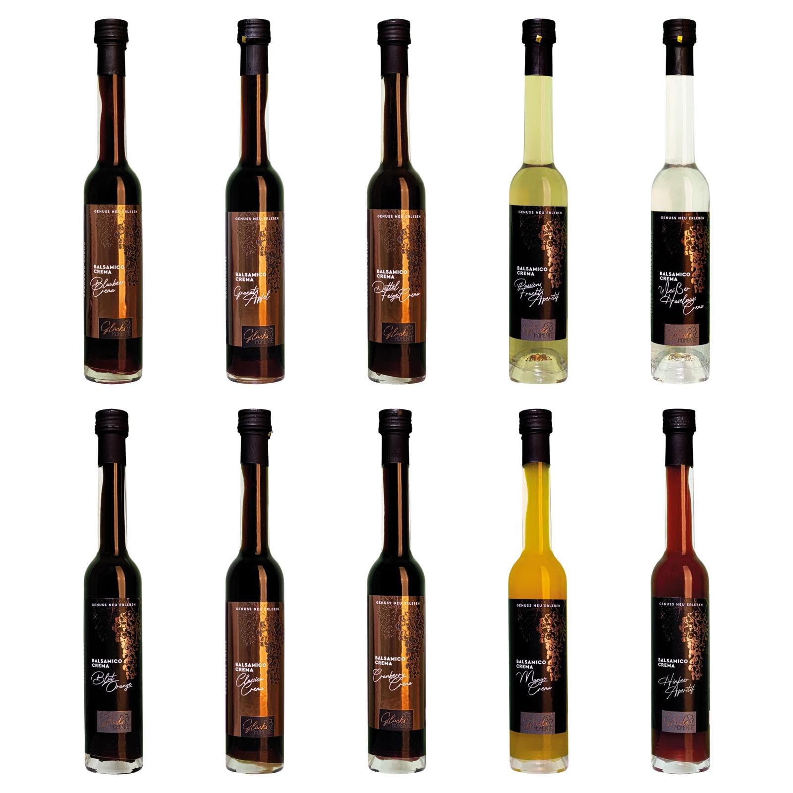 Glücks Momente 10er Set je 100ml Balsamico Crema Frucht Essigzubereitung - Classica, Passionsfrucht Aperitif, Cranberry, Mango, Blaubeer, Blutorange, Dattel Feige, Granatapfel, Himbeer, Haselnuss