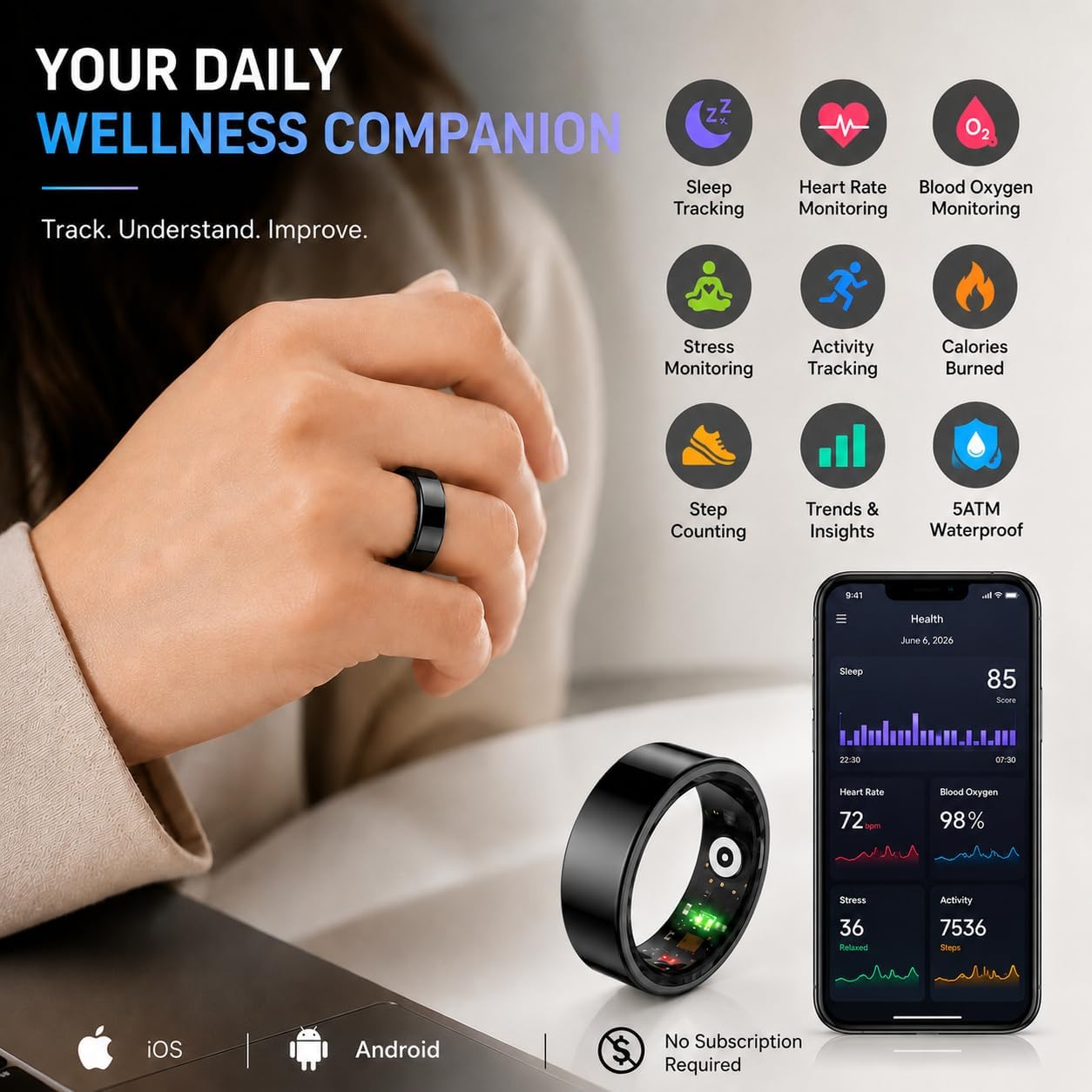 HK01 Smart Ring for Women & Men, Sleep & Stress Tracker, Waterproof Fitness Ring for iOS & Android, No Subscription Fee (Black, Size 9) image 5