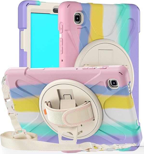 MadeRy Kids Case for Samsung Galaxy Tab A7 Lite 8.7" 2021 (SM-T220/T225), Full-body Anti-Fall Rainbow Case Cover with Rotatable Hand Strap & Kickstand and Shoulder Strap.(Camo Pink)