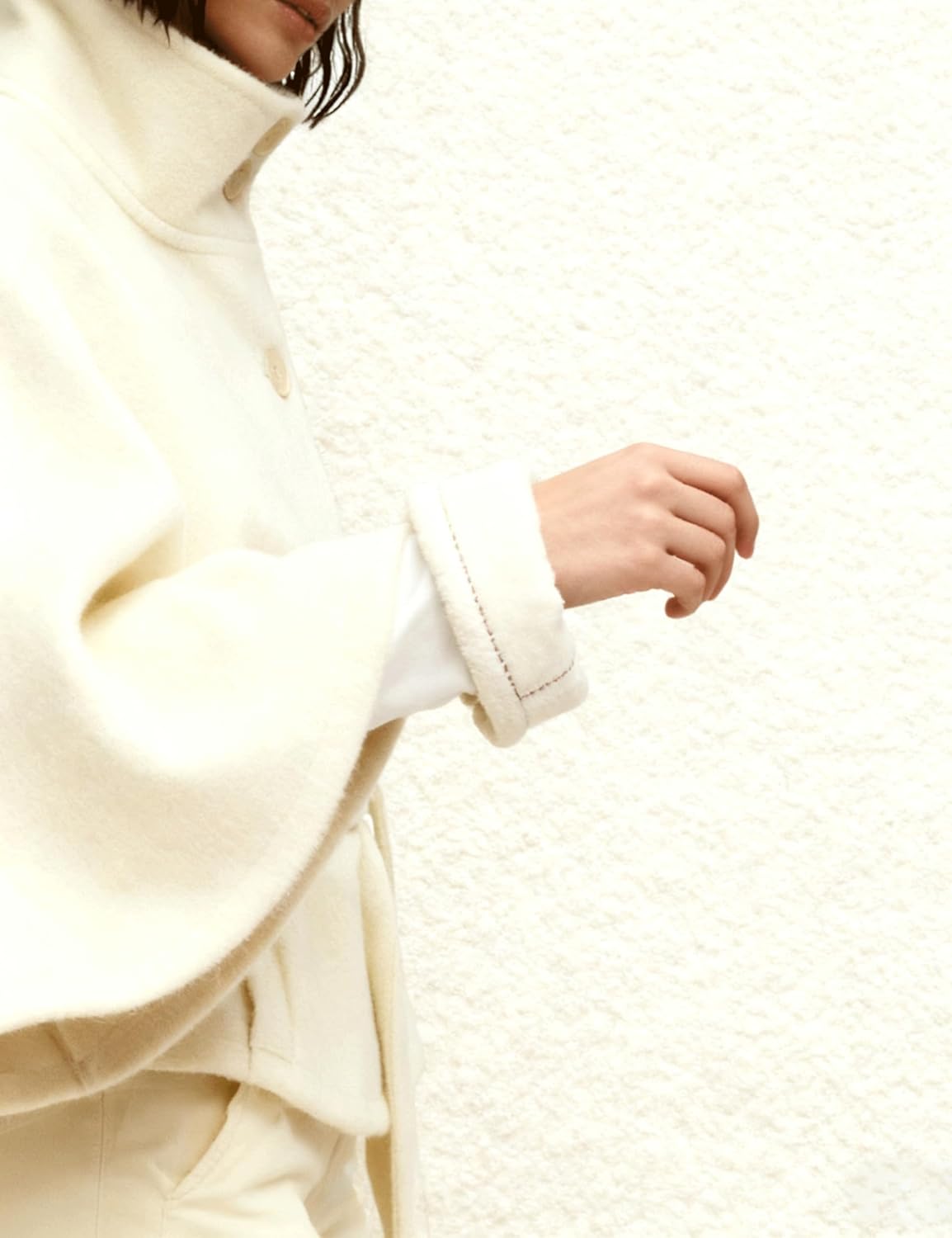 Hooever Women Batwing Sleeve Ponchos Pea Coat Wool Bland Stand Collar Jacket Winter Cropped Overcoat - Image 7