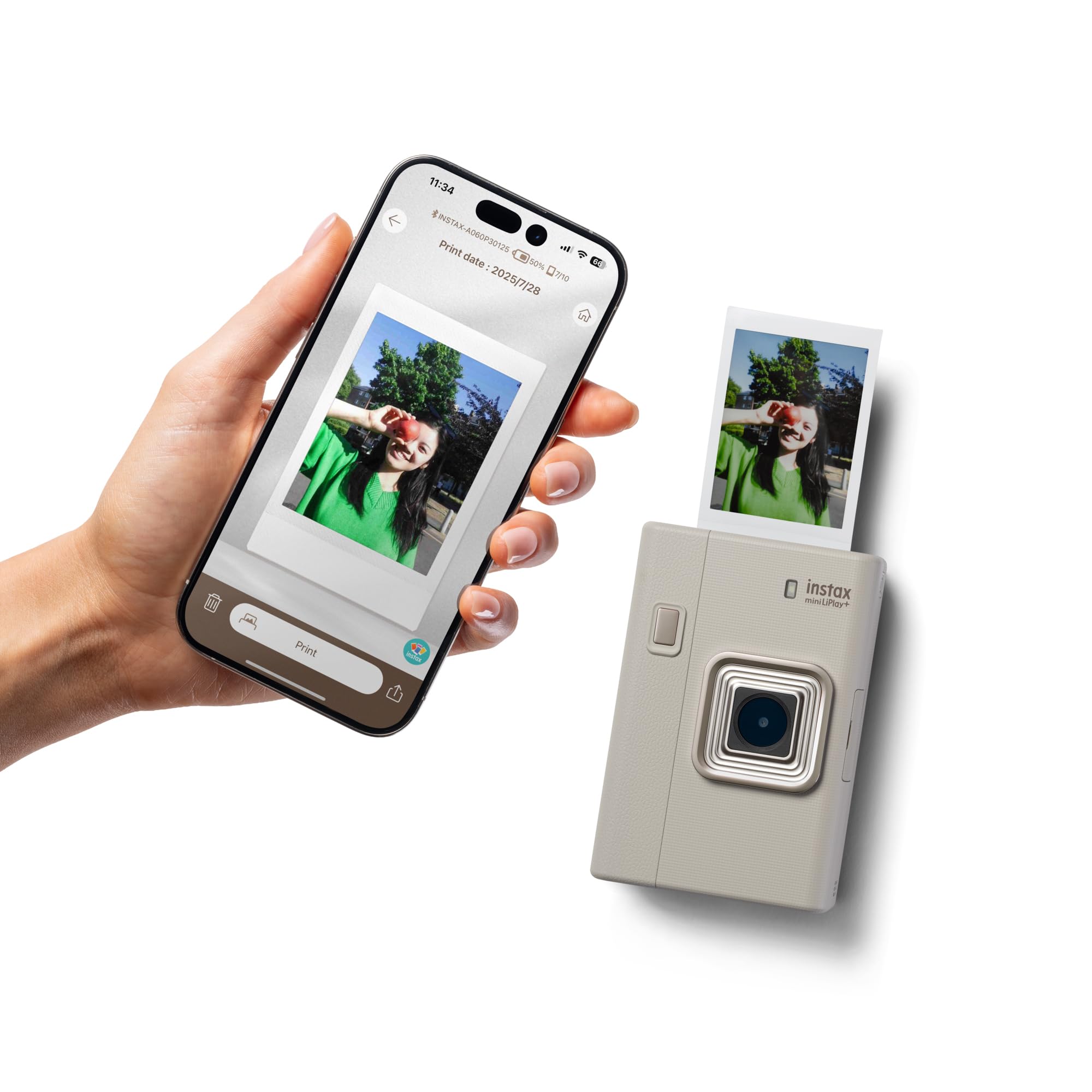 FUJIFILM instax mini LiPlay+™ Hybrid-Sofortbildkamera | 2-in-1 Hybrid-Kamera mit Smartphonedrucker, Sound Print für Bilder mit Ton, Dual Lens Selfie Kamera mit LCD Display & App Steuerung | Sand Beige