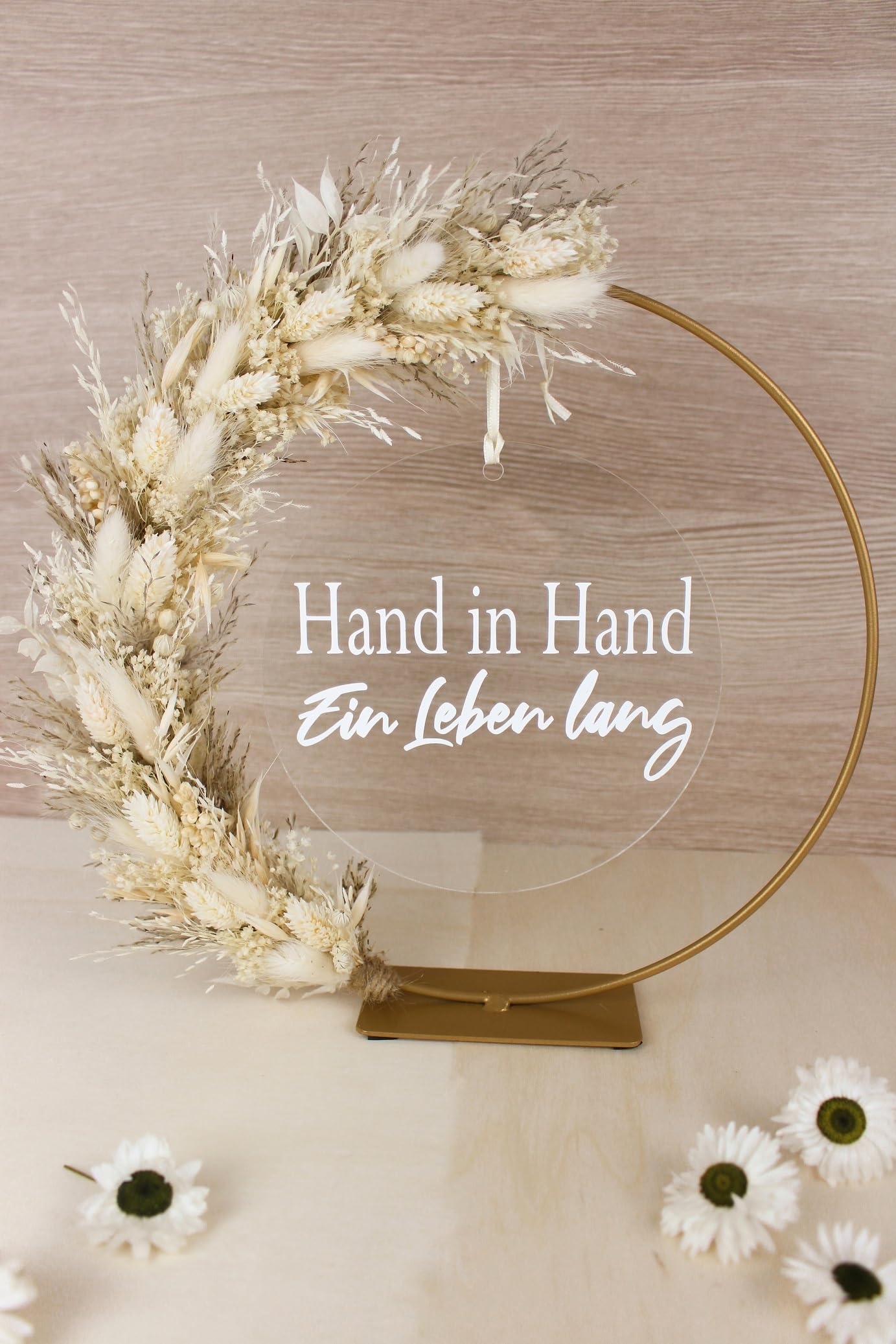 stehender Trockenblumenkranz Hochzeit Tischkranz personalisiert Boho (Acrylscheibe)