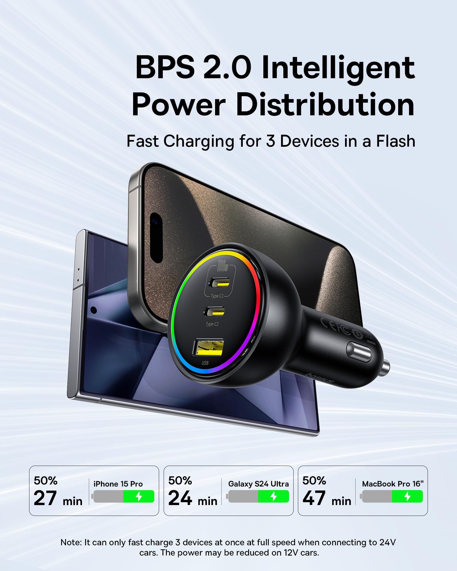 Ładowarka samochodowa USB C 152,5 W, super szybkie ładowanie, 3-portowa ładowarka samochodowa, PD3.0 QC4.0 Ultra kompaktowa RGB szybka ładowarka samochodowa typu C, do iPhone'a 17, 16, 15, 14 Pro, Max