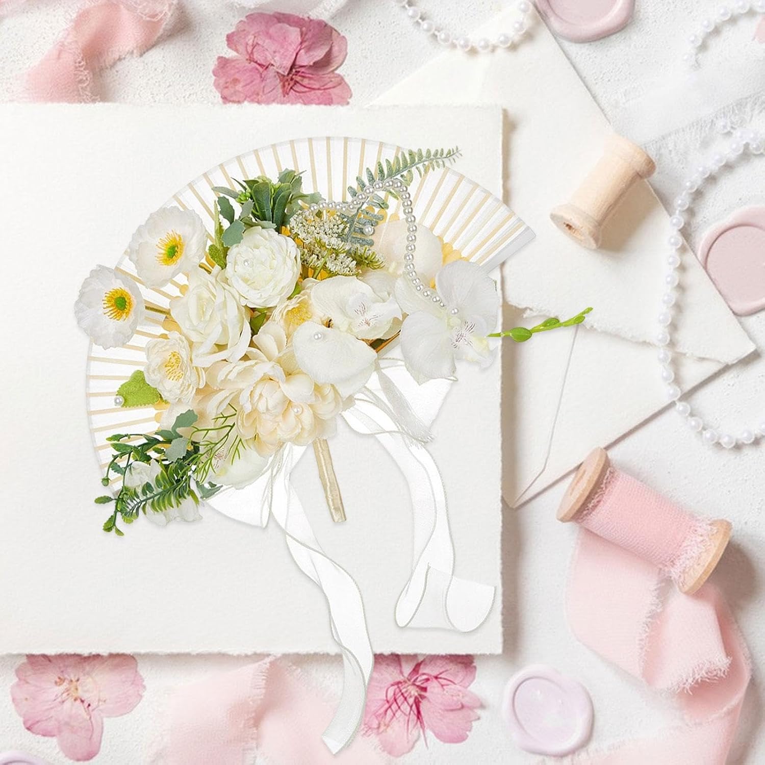 Wedding Bouquet Bride Fan Classic Dance Fan Bouquet Bridesmaid Flower Ornament for Festival Valentine's Day Photography Props, White