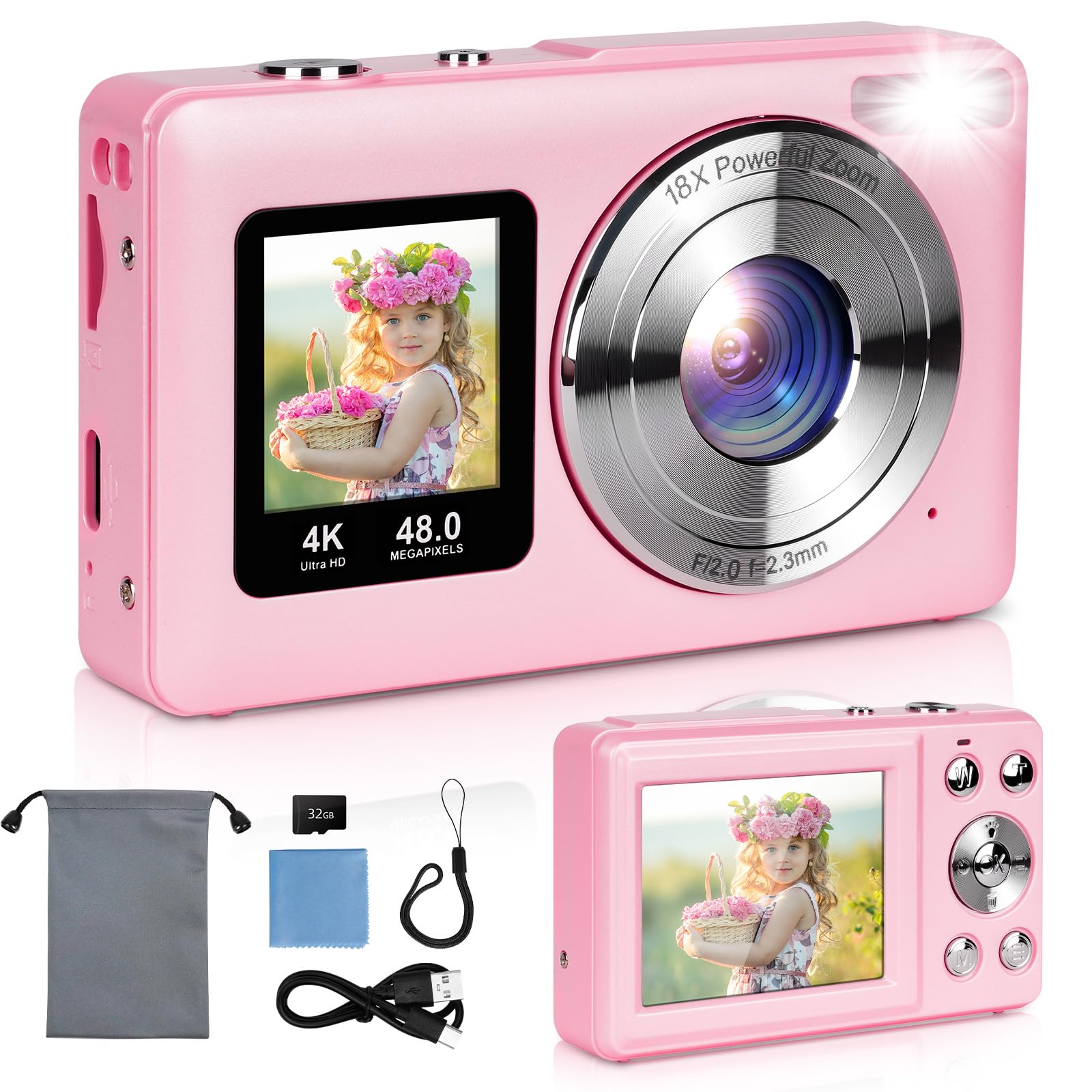 Ainiv Macchina Fotografica, 4K Fotocamera Digitale, 48MP Ricaricabile Macchina Fotografica Compatta con 32G TF Card, 18X Zoom, 2.4" + 1.3" Doppio Schermo per Bambini, Adolescenti e Principianti Rosa