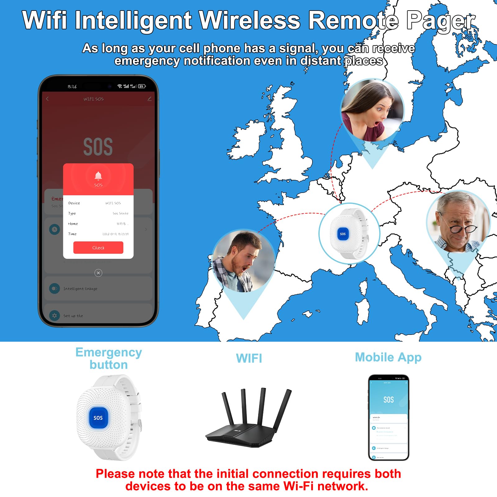 WiFi Bouton Alarme Personne Agee,SOS Alarmes de Bouton d'urgence Personnes Âgées,Contrôle D'application Tuya,Bracelet Alarme Personne Agee pour Personnes âgées ,Patients Handicapés (Blanc)