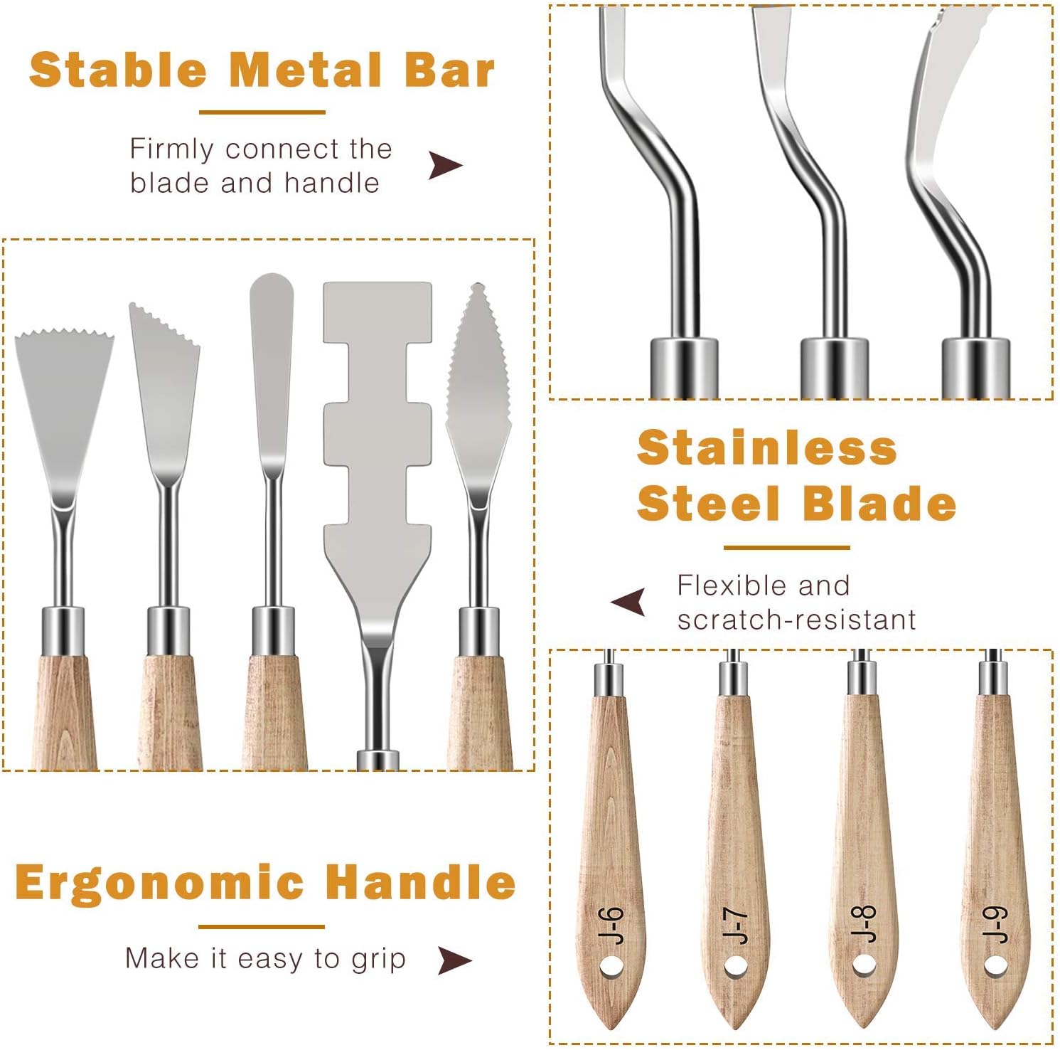 MoKo 10 Pieces Stainless Steel Palette Knife Set, Thin and Flexible Art Tools with Wooden Handle for Oil Painting, Canvas Acrylic Painting, Color Mixing & Texture, Wooden Color