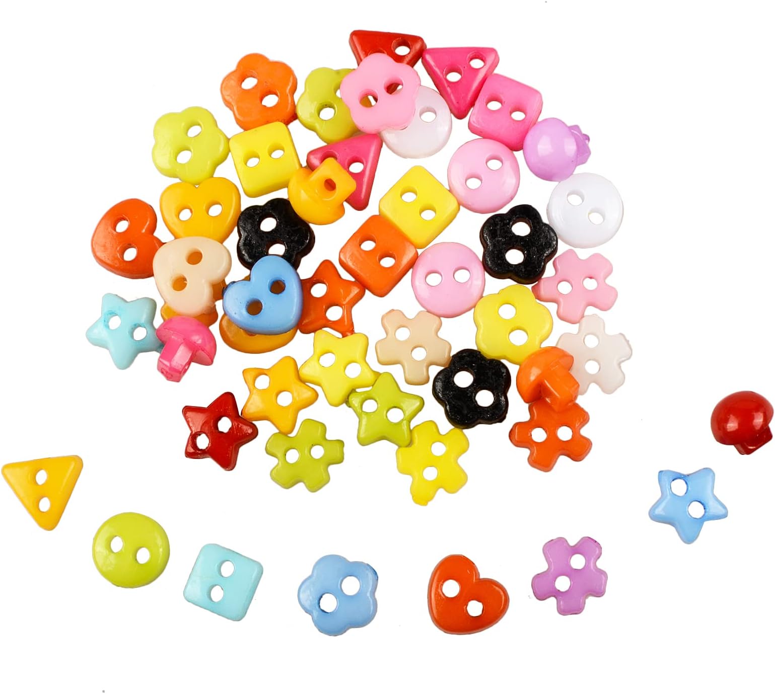 100Pcs Colorful Mini Handmade Buttons for DIY (Star, Flower, Mushroom, Triangle, Square, Circle)