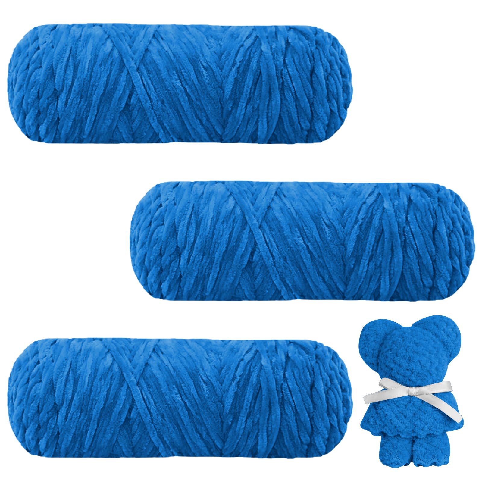 AUAUY Chunky Chenille Yarn - 3 x 100g Super Soft Velvet Yarn for Knitting, Crochet, Blankets, Clothes, Bags, Scarves & DIY Works - Blue