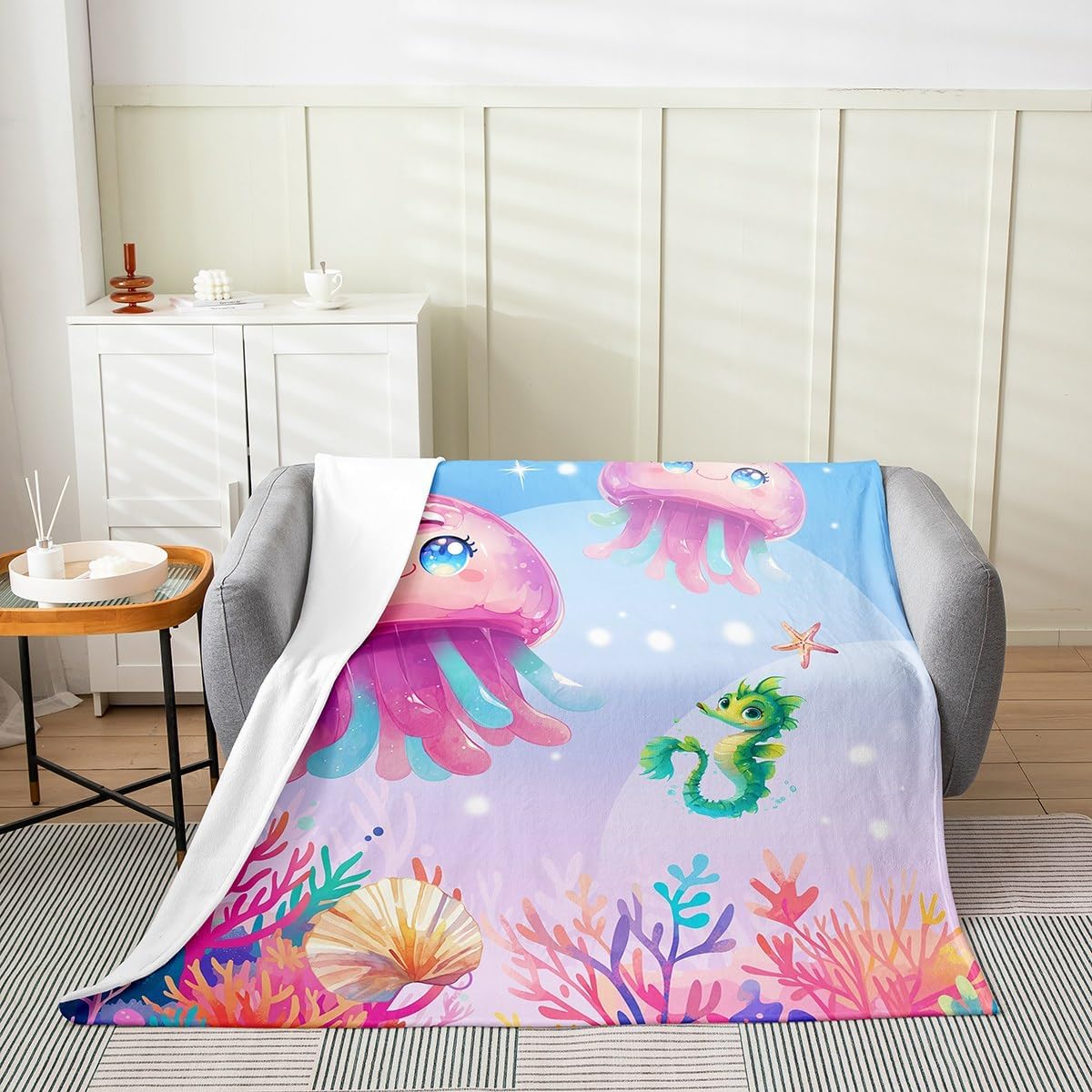 Girly Jellyfish Flannel Blanket,Cartoon Sealife Cute Starfish Seahorse Breathable Flannel Plush Blanket Queen 90"x90",Watercolor Coral Seaweed Dreamy Underwater Fuzzy Blanket for Bed Sofa Couch