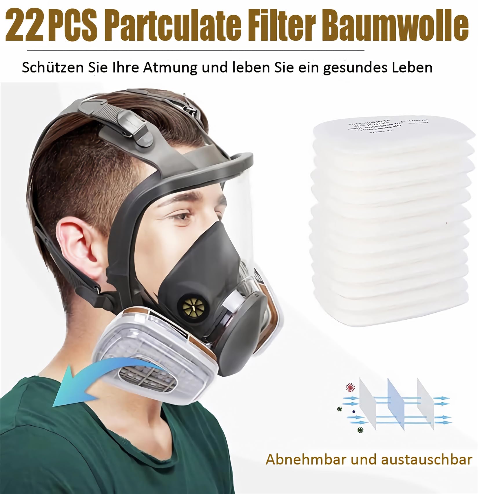 Maschera integrale 27 in 1, riutilizzabile, per vapori organici, gas acidi, umidità, pittura, lucidatura, protezione viso con 22 dischetti di cotone filtrabili, 2 cartucce