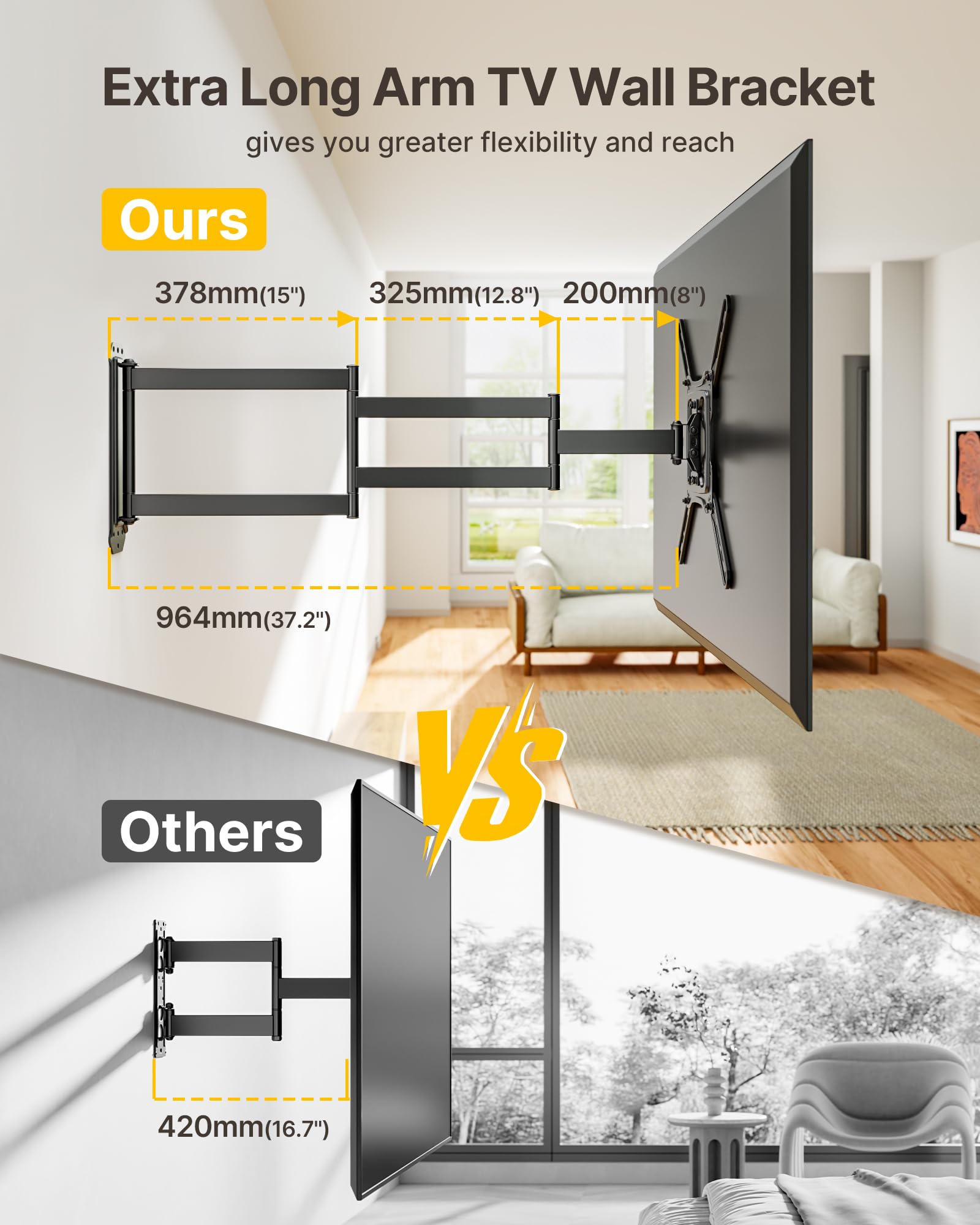monTEK Support mural TV avec bras long de 946 mm pour téléviseurs de 23 à 65 pouces, support mural pivotant et inclinable pour TV plate et incurvée jusqu'à 35 kg, VESA 75 x 75 mm à 400 x 400 mm