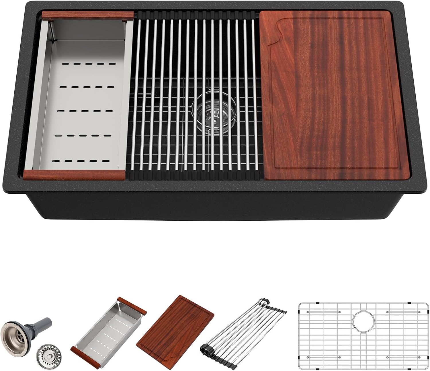 33 Granite Composite Kitchen Sink - Beslend 33x19 Inch Black Granite Kitchen Sinks Undermount Black Quartz Sink Ledge Workstation Classic Under Counter Single Bowl Sinks Basin product image