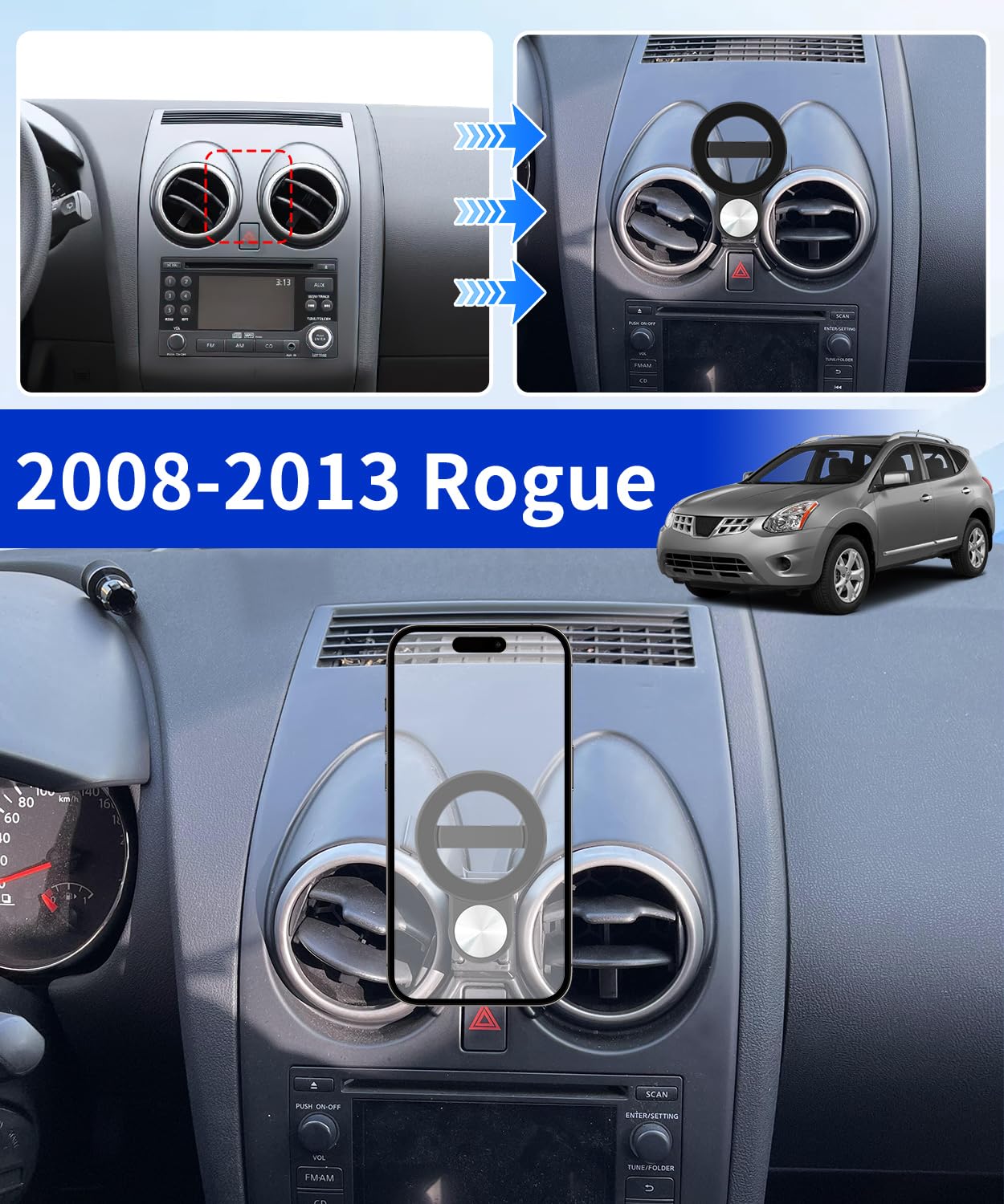 Supporto per telefono da auto per Nissan Rogue 2008-2013, supporto per telefono cellulare compatibile con MagSafe, rotazione a 360°, mani libere, non influisce sulla bocchetta dell'aria