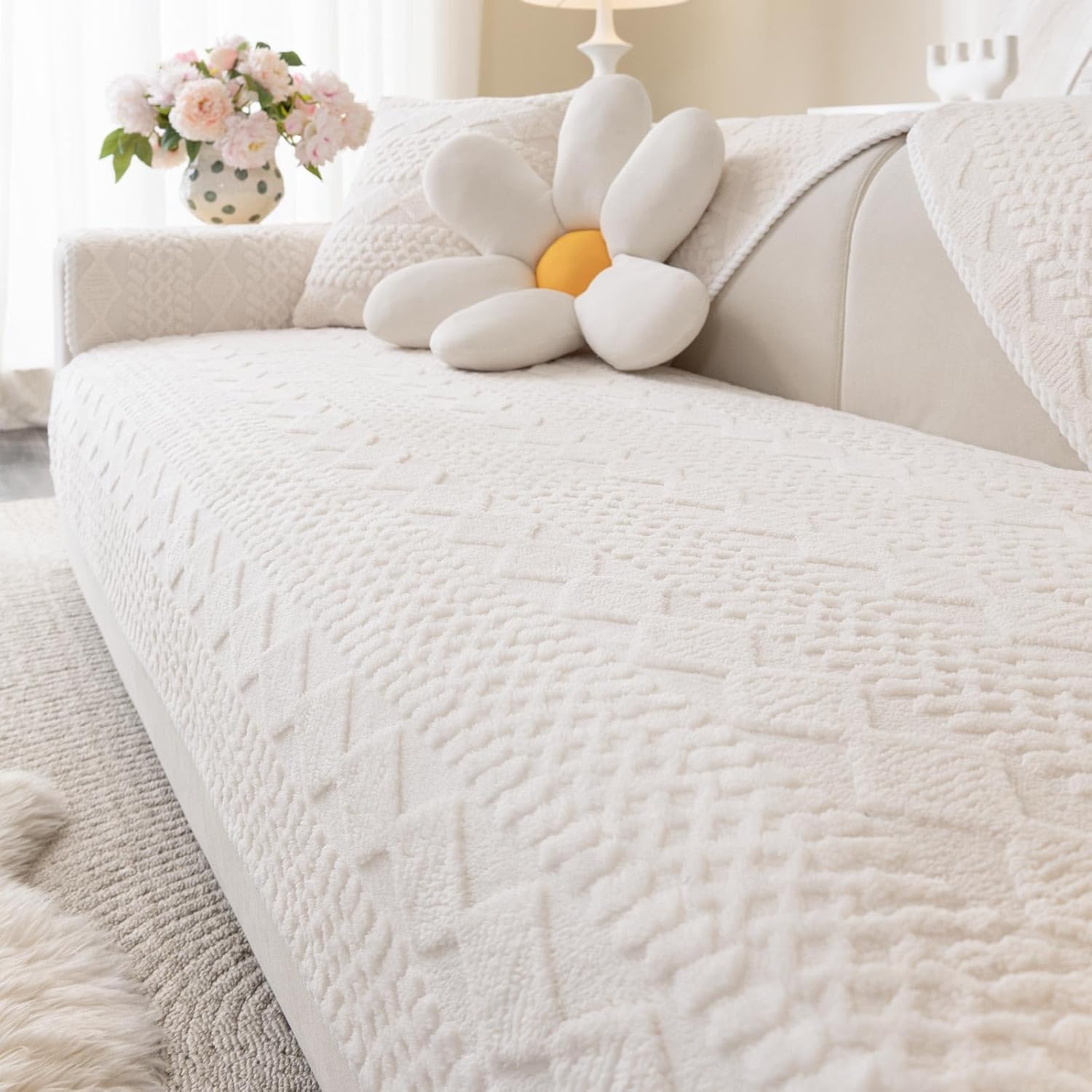 Soft Plush Couch Cover, Non Slip Fluffy Sectional Sofa Covers for 3 Cushion Couch Sofa L Sharped Sofa Slipcover for Pets, Furniture Protector (1 PCS 36"x94" White)