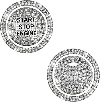 2PCS Bling Car Push Start Button Sticker, Sparkling Rhinestones Fully Protect Button Decorative Cover, Anti-Scratch Key Ignition & Knob Bling Ring, Car Accessories for Women White