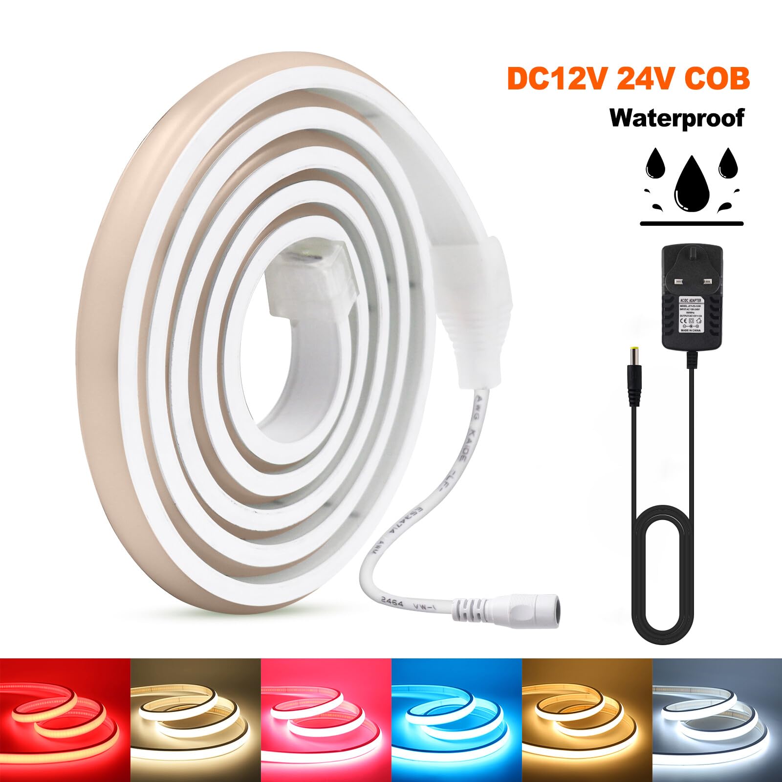 24V COB LED tira de neón，18m blanco 6000K，320 LED/m tira de LED FCOB flexible, cortable e impermeable，Diseño DIY，Decoración de dormitorios, salones, salas de juegos, cocinas y tiendas