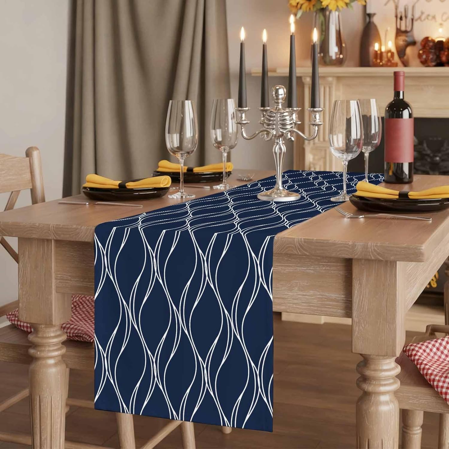 Navy Blue Table Runner 120 Inches Long Wave Line Texture Modern Art Geometric Coffee Table Runner Kitchen Dining Table Decoration for Indoor Outdoor Home Party Holiday 13 x 120 Inch