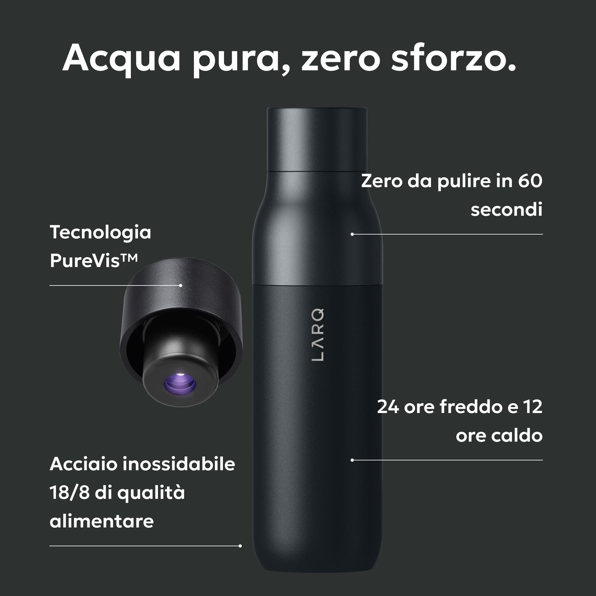 LARQ PureVis 740ml – Borraccia autopulente e isolata in acciaio inox con purificatore UV e design premiato | 24 ore fredda o 12 ore calda | Smart termica, Obsidian Black