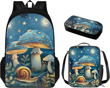 Blue Mushroom 3Pcs Girls Backpack for School with Lunch Bag Pen Bag Set School Backpack Kids Backpack for Boys Girls Portable Lunch Bag Multifunctional Pencil Case