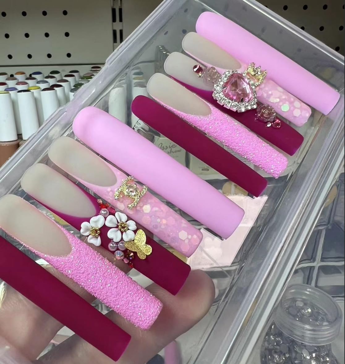 Luxury Rhinestone Hot Pink French Handmade Long Square Ballet Nails Press on Nails, French Acrylic Full Cover Fake Nails With Rhinestone, False Nails For Women Girls Art Decoration (Small)