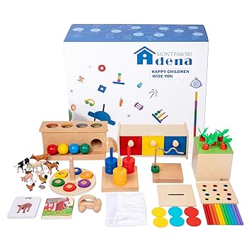Adena Montessori Play Kit for 13-15 Month Baby,10 in 1 Wooden Learning Educational Toys for Toddler,Include Color Pegs&Rings,Object Permanence Ball Push and More,Christmas Birthday Gift for Boys Girl