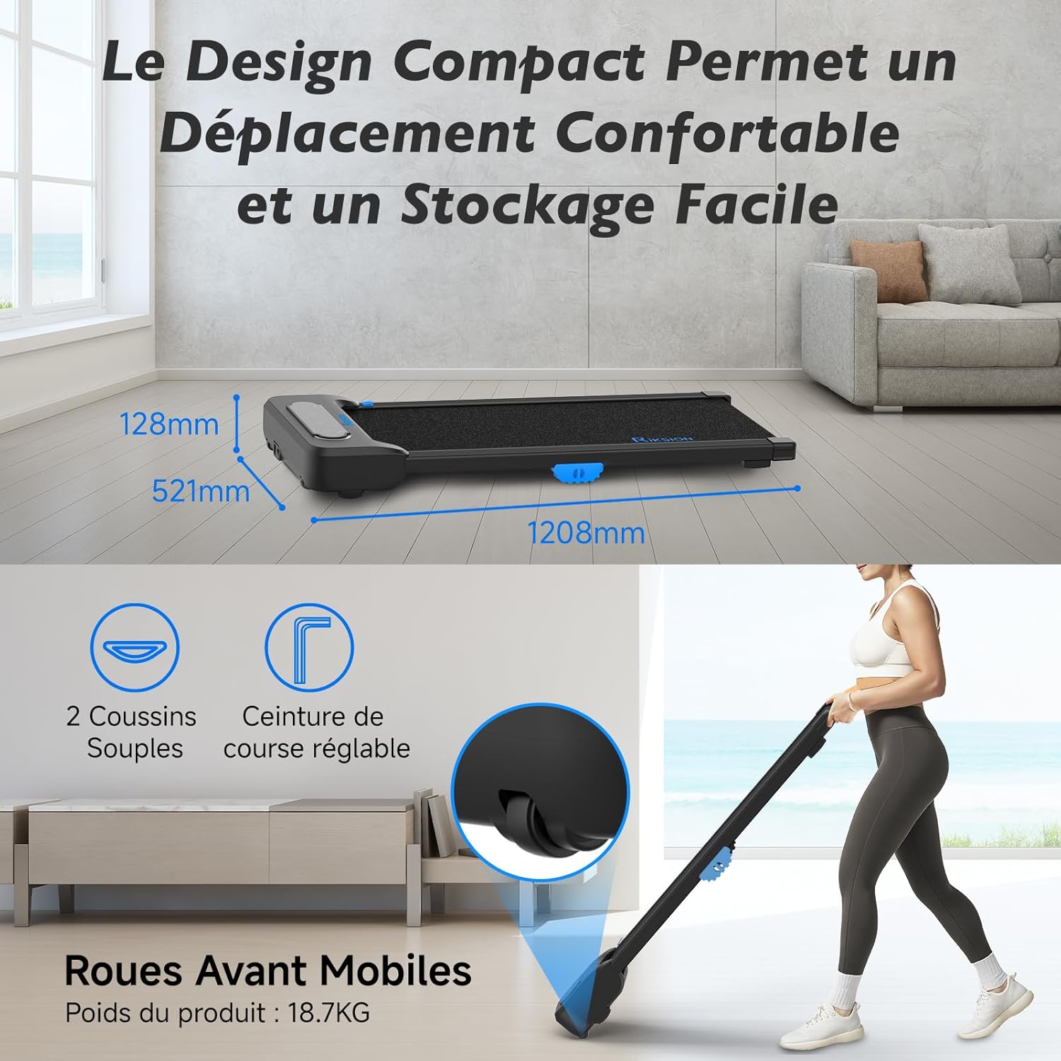 Compact design of the Riksion Walking Pad with dimensions and transport wheels