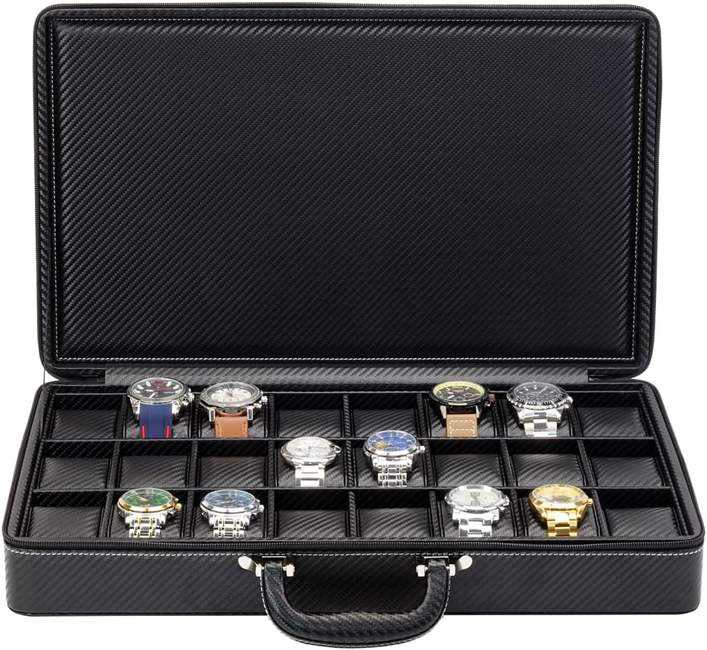 TIMELYBUYS 24 Slot Watch Briefcase Black Carbon Fiber Zippered Travel Storage Case