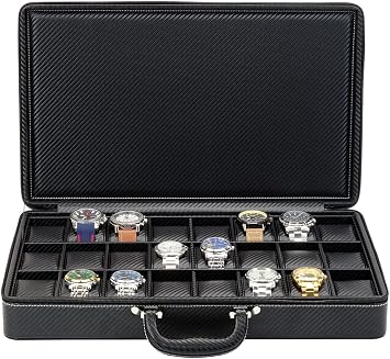 TimelyBuys 24 Slot Watch Briefcase Black Carbon Fiber Zippered Travel Case