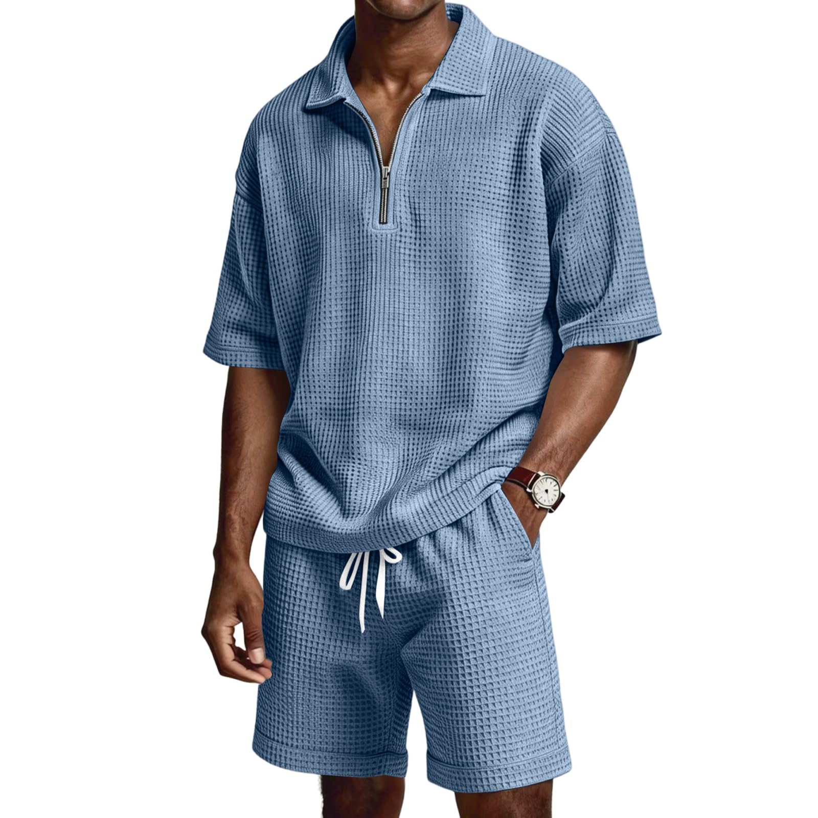 Ensemble polo et short texturé gaufrette homme col rabat zip
