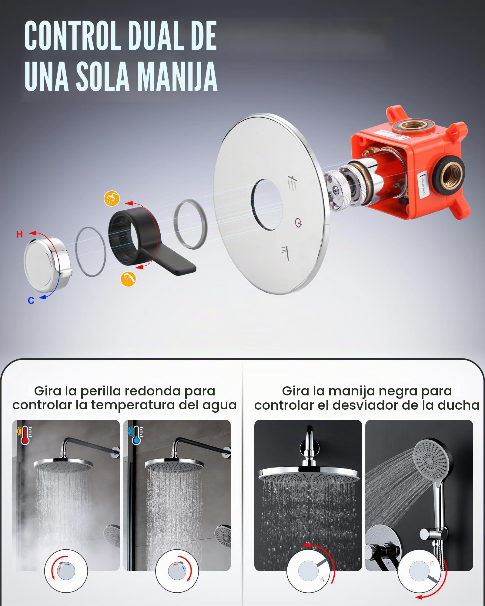 Grifo de ducha empotrado con termostato, sistema de ducha empotrable, 25 cm, redondo, alcachofa de ducha de alta presión, ducha de lluvia para el baño, cuerpo de latón, cromo