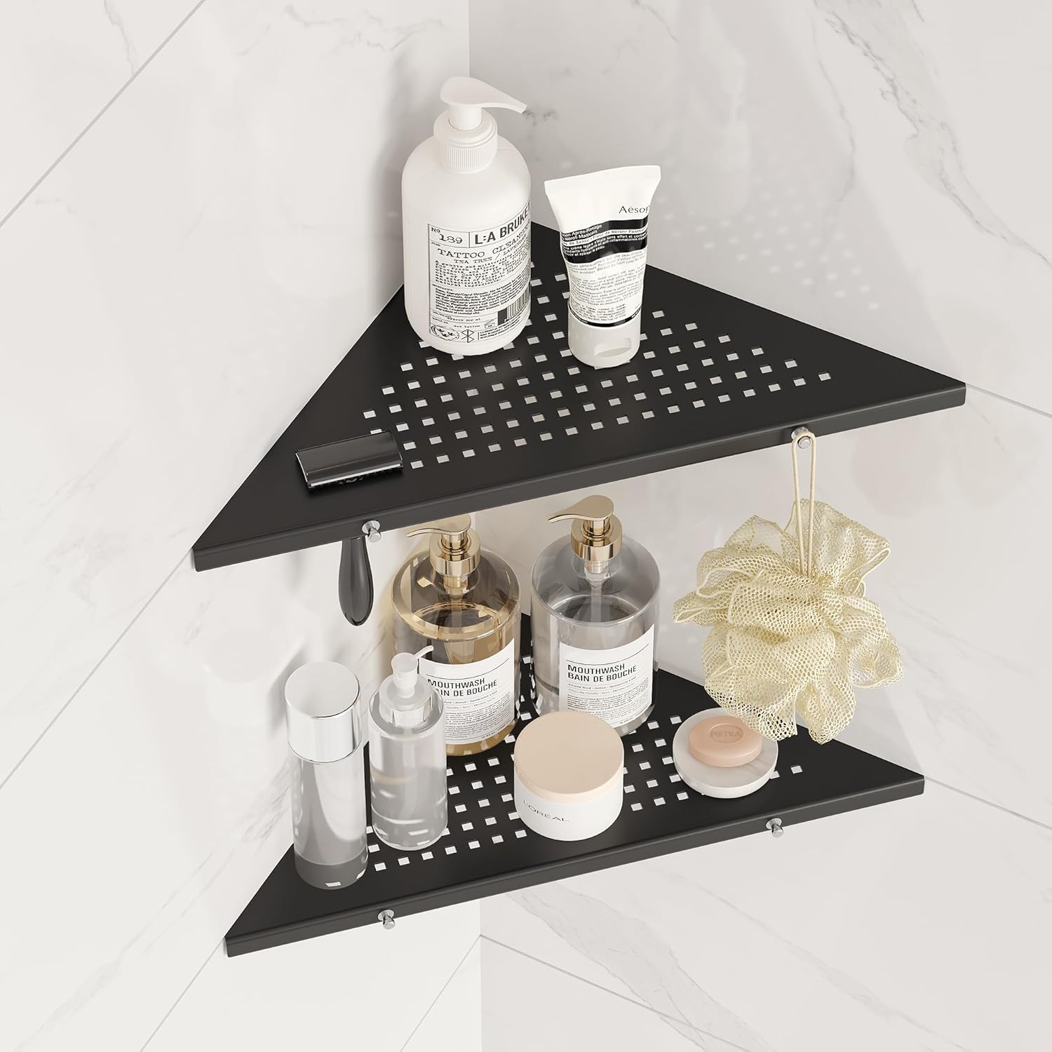 10" Bathroom Corner Shelf, 2 Pack Recessed Shower Shelf Caddy, SUS304 Stainless Steel Shelf Wall Mount Triangular, No Drilling Brushed Nickel