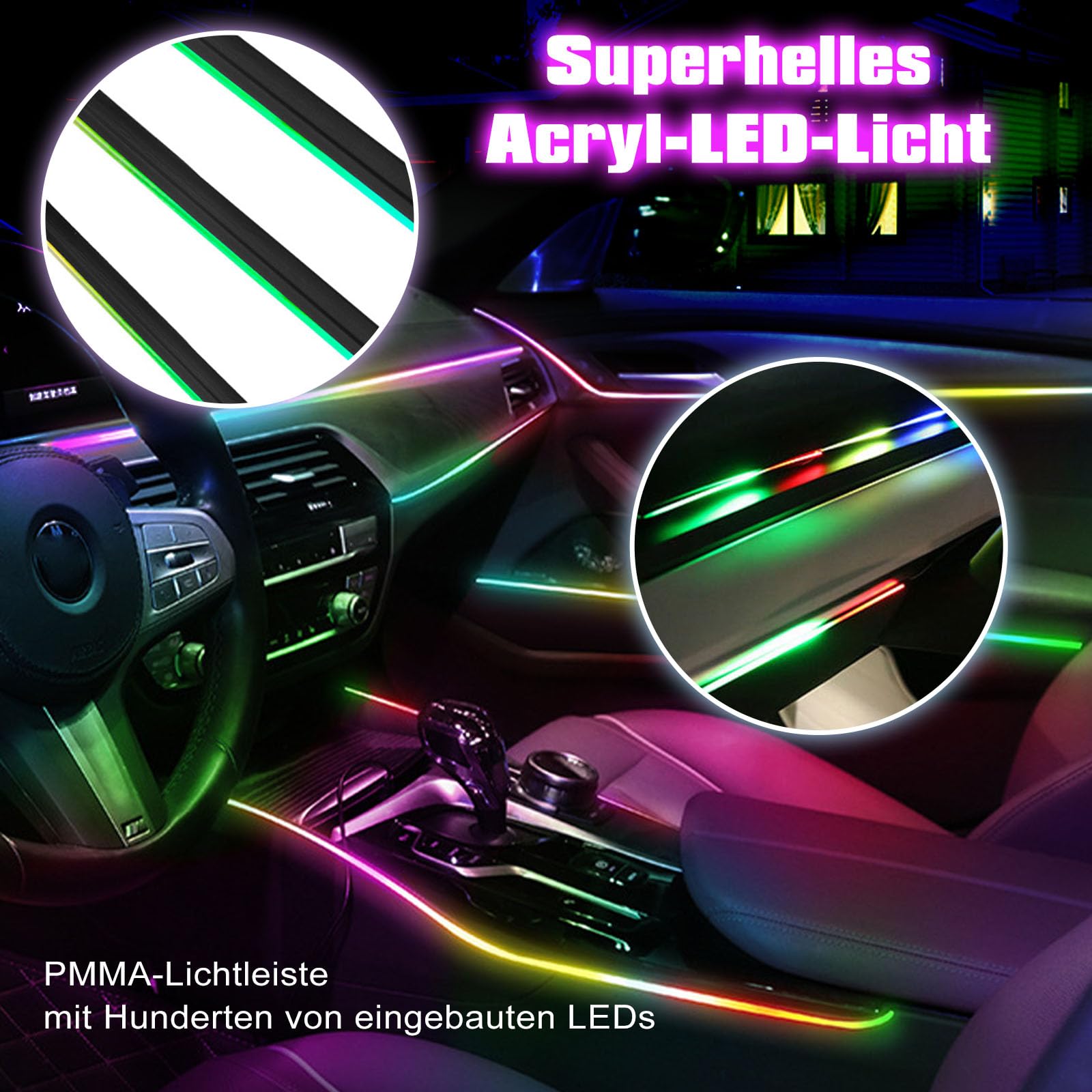 Oświetlenie wewnętrzne LED do samochodu, 6/10 w 1, RGB, akrylowa taśma z aplikacją i pilotem zdalnego sterowania, neonowe listwy świetlne, wielokolorowa, migająca zmiana kolorów z muzyką (bez światła