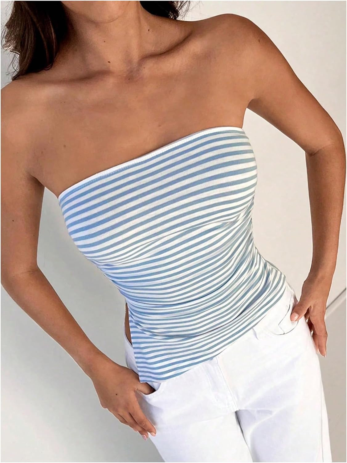 Milumia Women's Striped Strapless Bandeau Top Split Asymmetrical Hem Fitted Tube Tops - Image 5