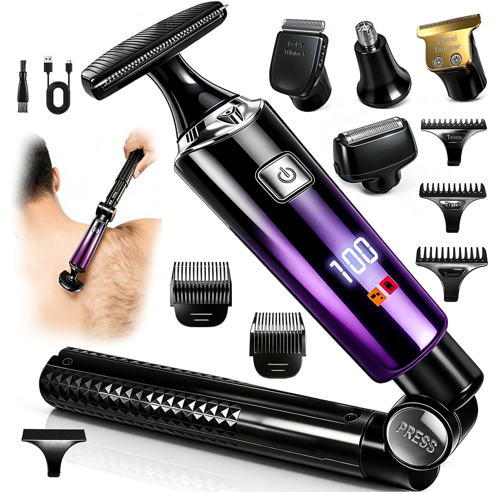 5-in-1 Men’s Back Shaver, Rechargeable Body Trimmer with Long Handle