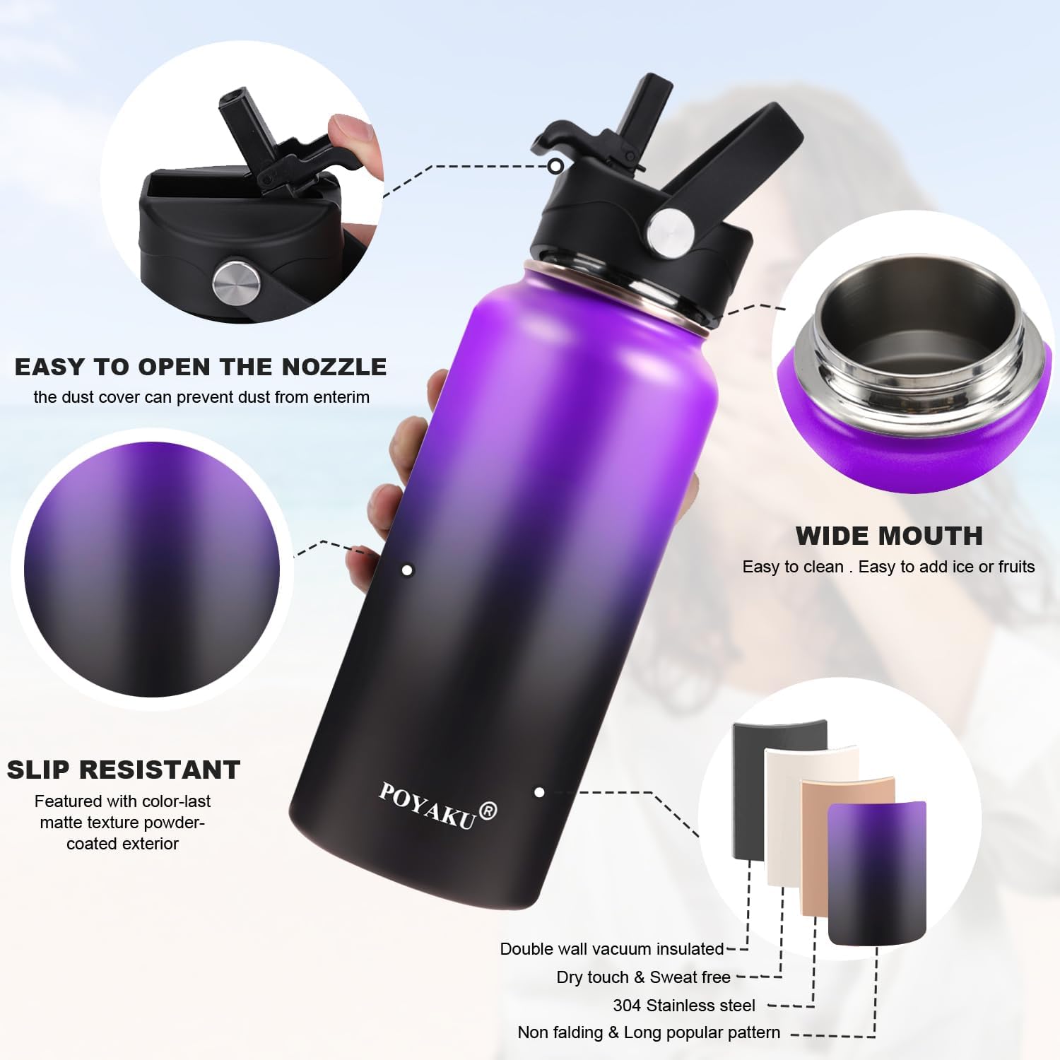 Water Bottle Insulated 32oz 40oz 64oz 128oz Straw Lid Spout Lid & 3 Lids, Leak Proof, Vacuum Insulated,Stainless Steel Water Bottle Wide Mouth for Sports, Gym or Office - Image 4