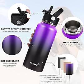 Water Bottle Insulated 32oz 40oz 64oz 128oz Straw Lid Spout Lid & 3 Lids, Leak Proof, Vacuum Insulated,Stainless Steel Water Bottle Wide Mouth for Sports, Gym or Office (Purple Black, 32 oz)