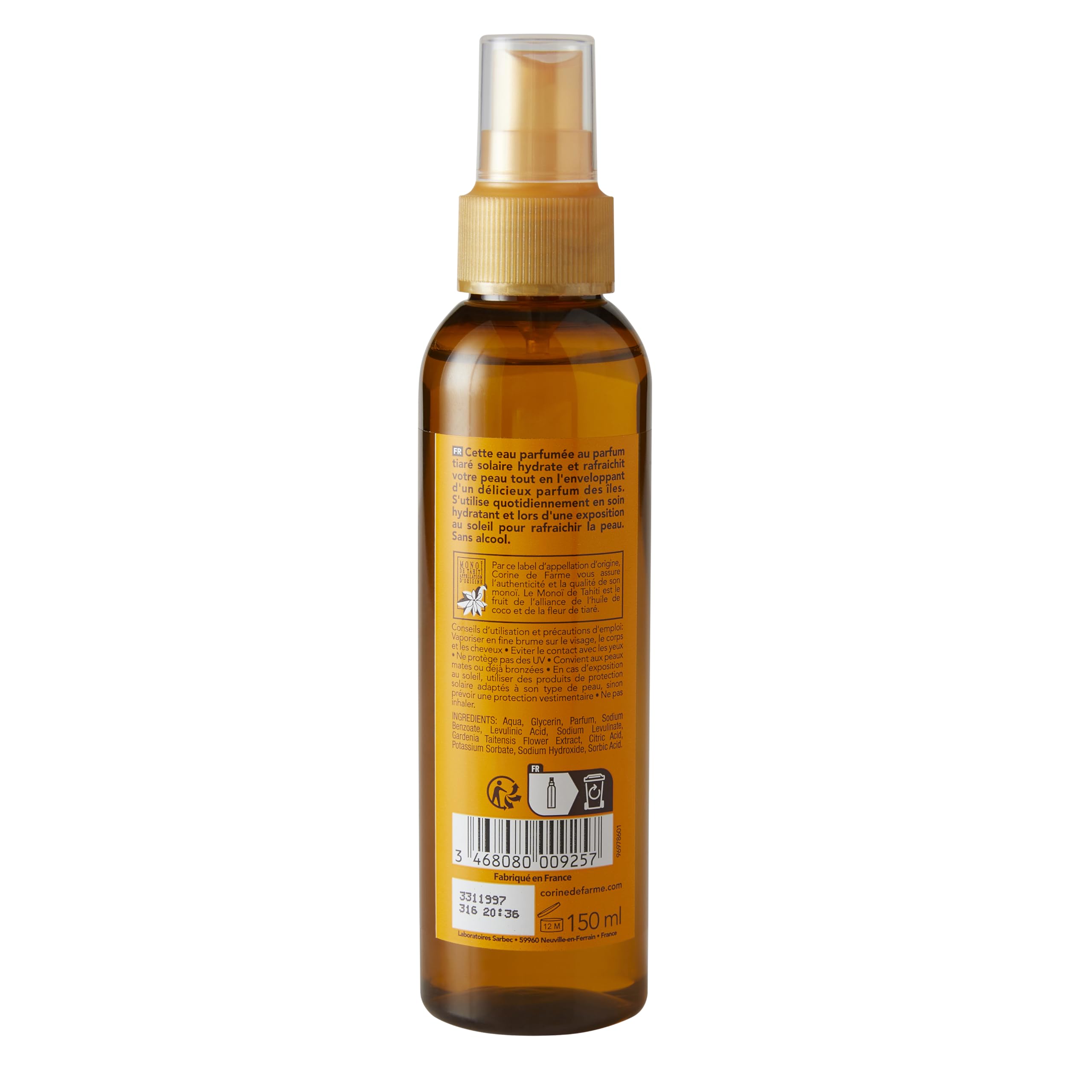 Corine de Farme - Monoi Tiaré Perfumowana woda - Mgła do pielęgnacji twarzy, ciała i włosów - Nawilża, chłodzi i perfumuje skórę - Bezalkoholowa - 150 ml