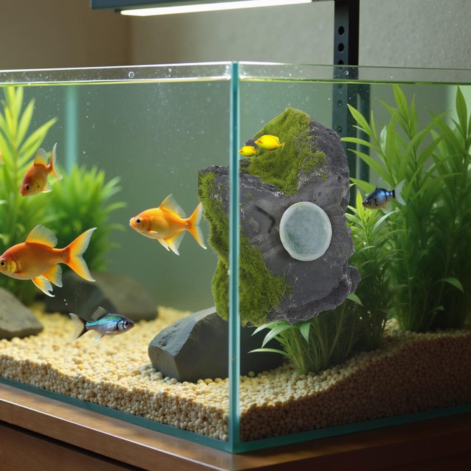 Decorazione Sospesa per Acquario Paesaggio Montano 2 Pezzi in Resina | Piante Acquatiche e Pesci, Effetto Pietra Grotta e Passaggio, Scenario DIY per Aquascaping