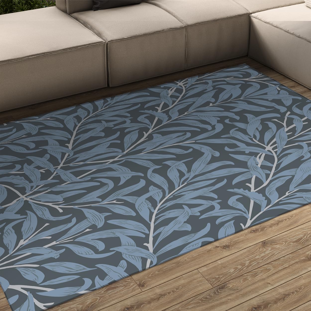 Tapis lavable haut de gamme bleu foncé motif feuilles 160x200