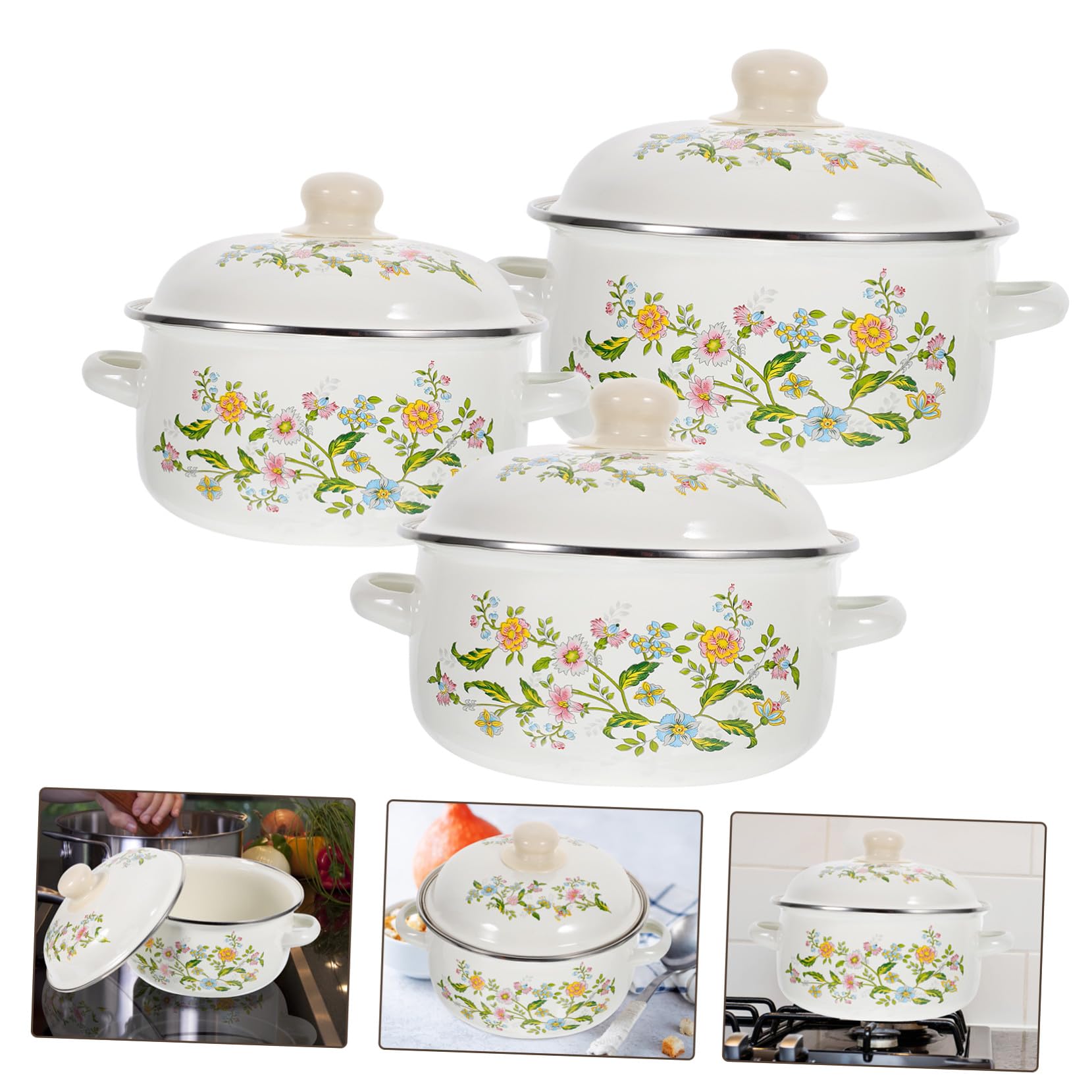 Toyvian 3 Stück Teiliges Emaille Mini suppentopf set mit Griffen Vintage Kochgeschirr für Ceranfeld für Instant nudeln Suppen und Babynahrung Emaillierter Kochtopf mit Flachem Boden