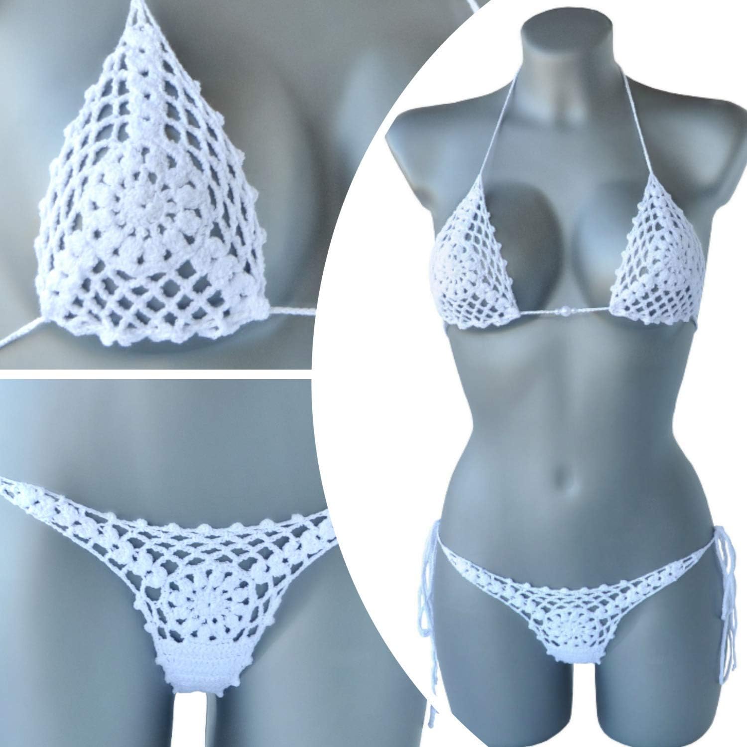 Women's extreme Sexy Micro Bikini Set Charming Bra and G-String Set swimsuit bathing suit 2 piece Boho white crochet Brazilian bikini