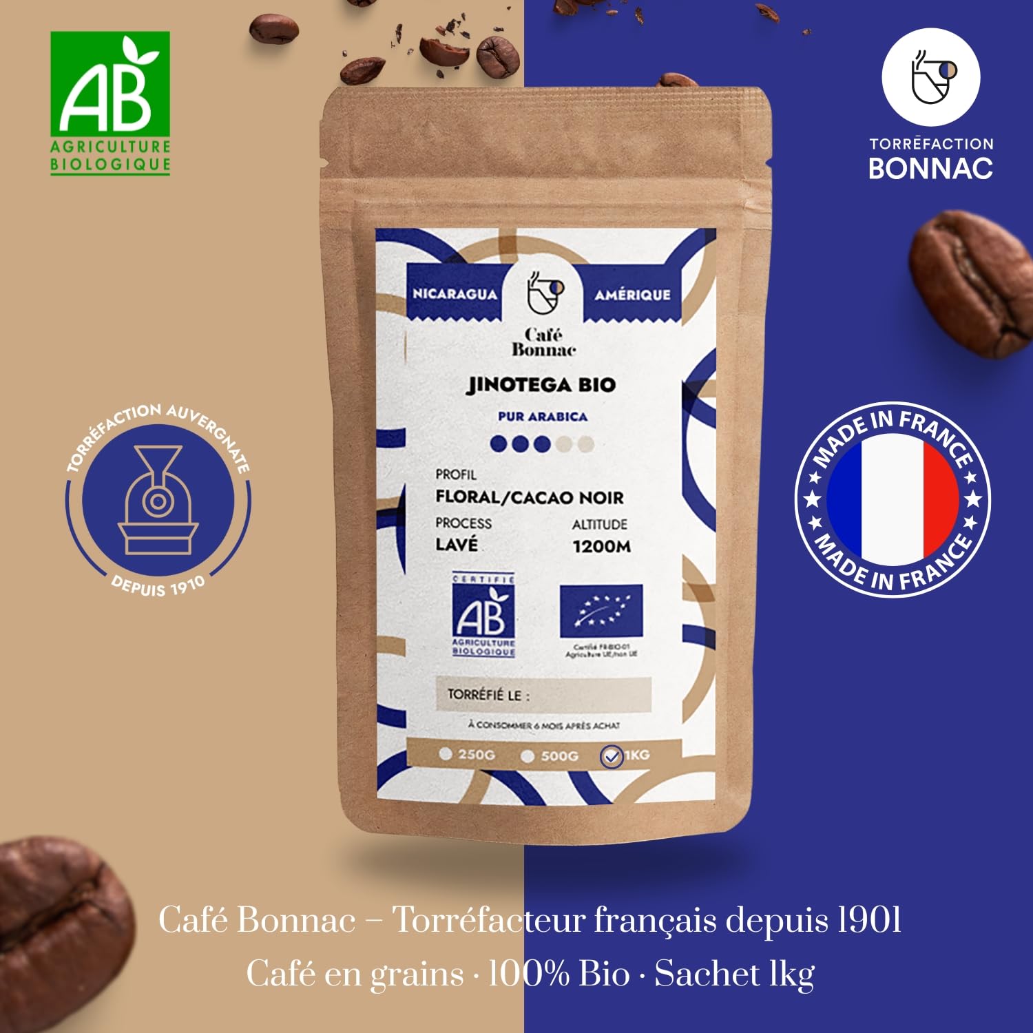 Café Bonnac – Café En Grain Nicaragua Jinotega 1kg | 100% Arabica D’altitude | Notes De Cacao, Caramel Et Fruits Rouges | Torréfaction Artisanale Française