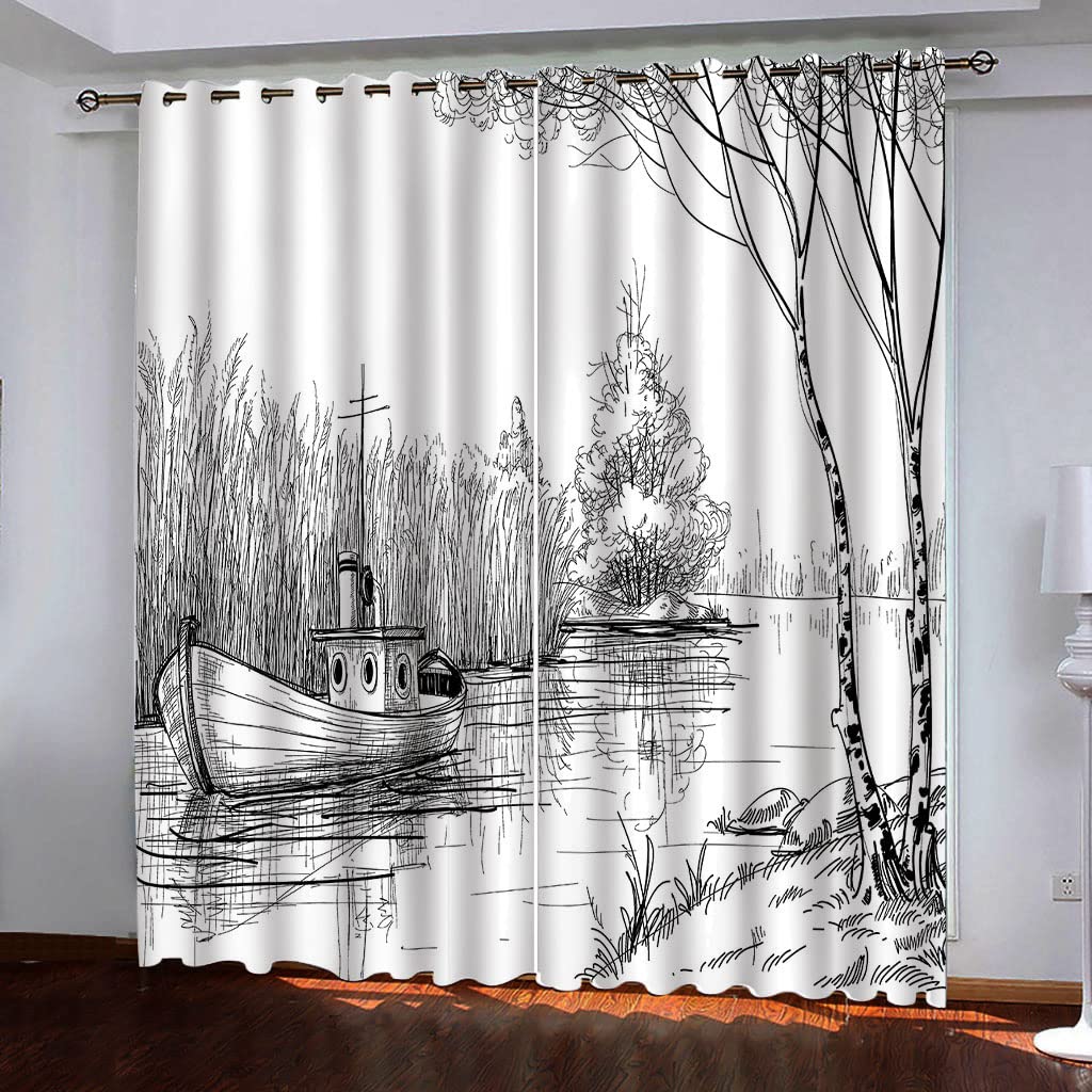 Rideaux occultants blancs à oeillets 132x160cm motif bateau pour chambre d'enfant paquet de 2 pièces