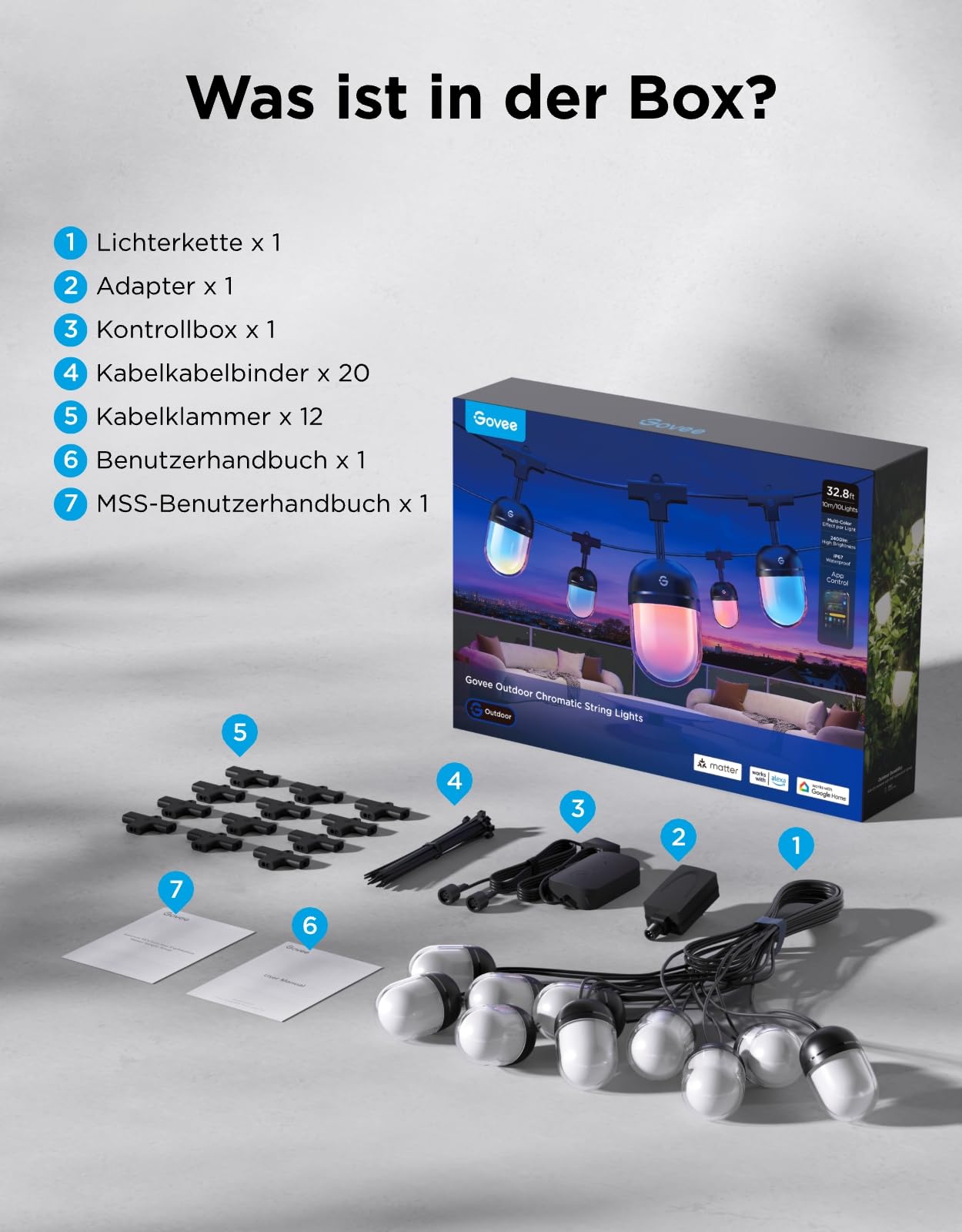 Govee Lichterkette Außen 10M, RGBICW 240lm pro LED, App-Steuerung, IP67 | 16 Mio. DIY-Farben, 111+ Szenen, Musik Sync, Matter/Alexa/Google, Lebensdauer 30000h, Einf. Montage, Garten/Balkon/Terrasse