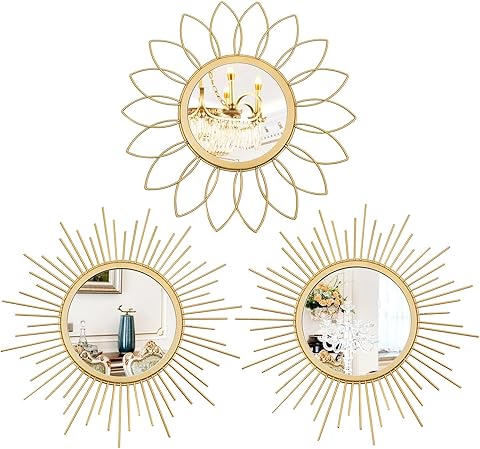 Uaussi - Juego de 3 Espejos Dorados para Pared de Metal Efecto Sol, decoración de Pared Colgante para Sala de Estar, Dormitorio, Entrada