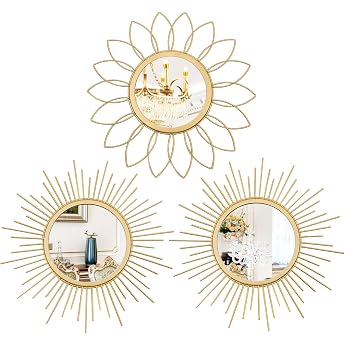 Uaussi Gold Wall Mirrors 3 Pieces Metal Sun Effect Wall Decor Hanging for Living Room Bedroom Entrance