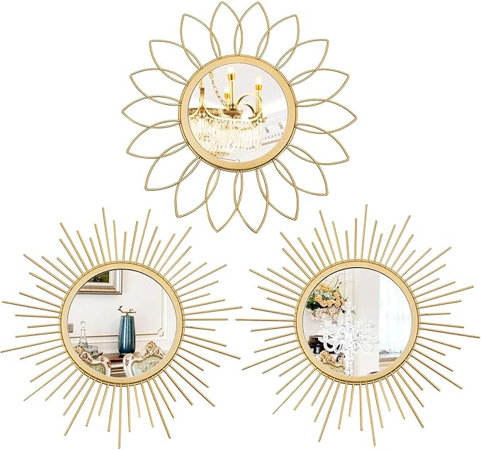 3 Pack Metal Mirrors for Wall Sunburst Wall Mirrors Home Décor Decorative Hanging Wall Art for Living Room Bedroom Entryway (Gold, Flower+Sunburst)
