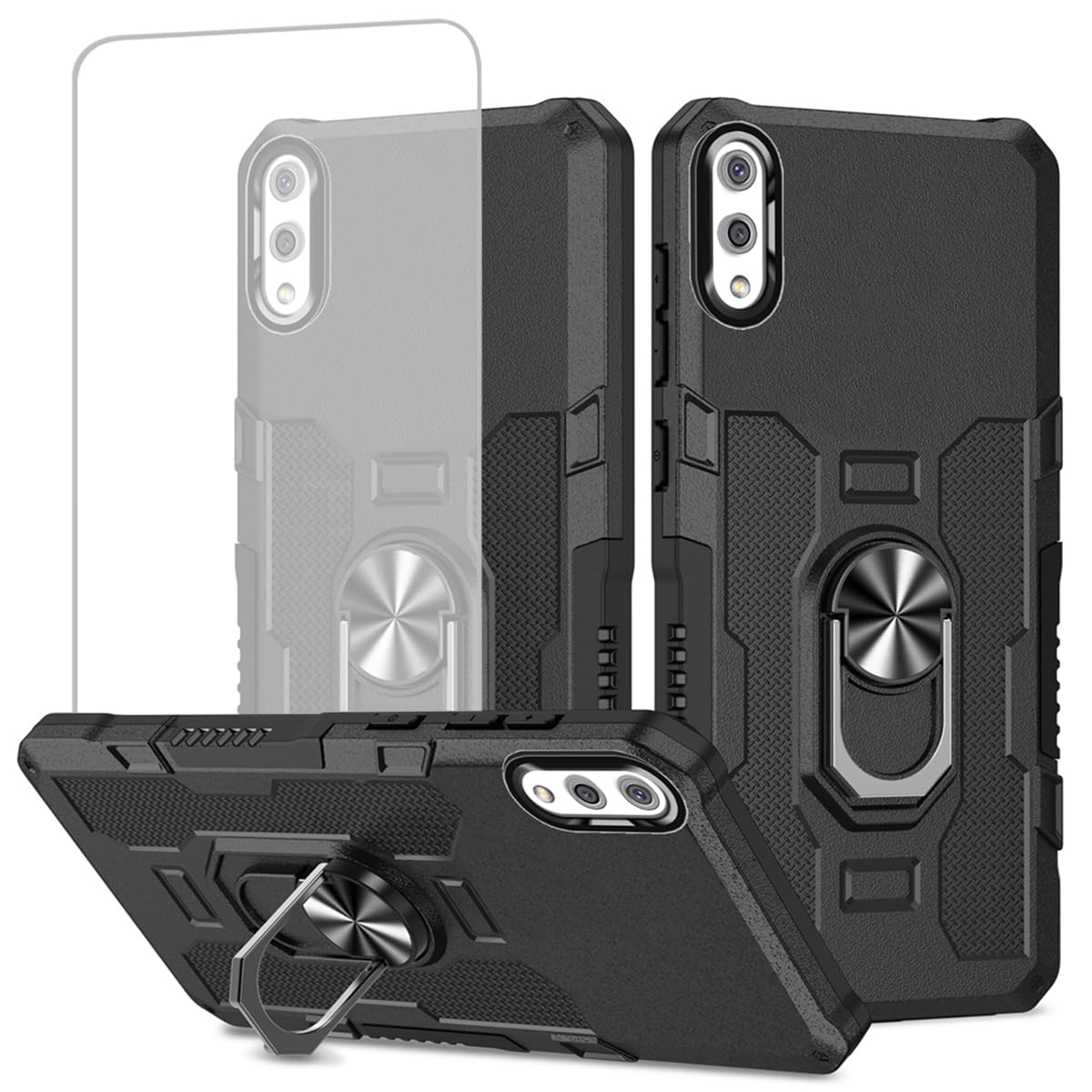 Ueokeird Case for Galaxy A02 Case, Samsung M02 SM-A022F Case with Tempered Glass Screen Protector, Heavy Duty Protection with Metal Ring Magnetic